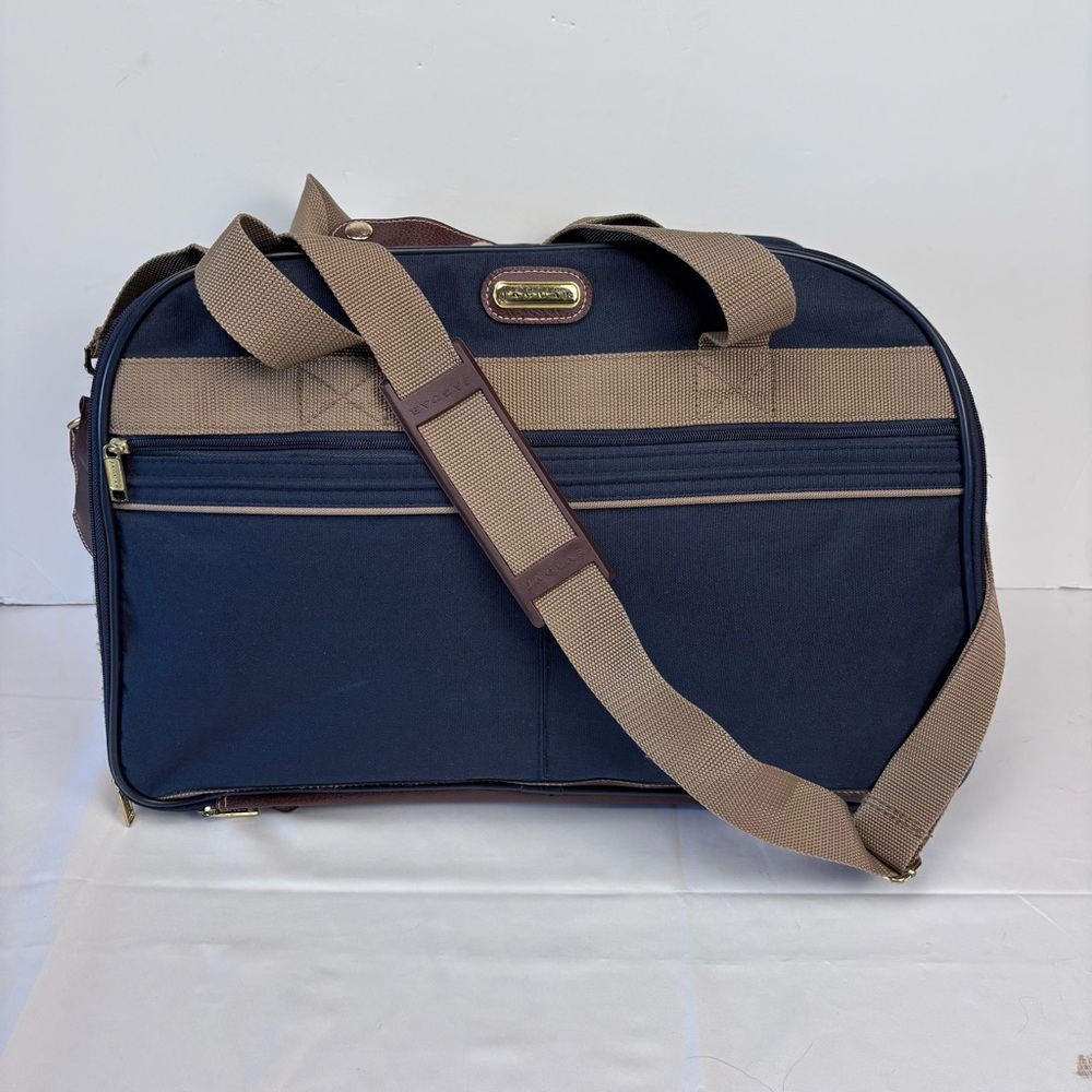 Jaguar Blue and Tan Carry On with Adjustable Strap and Structured Shape. Nice!